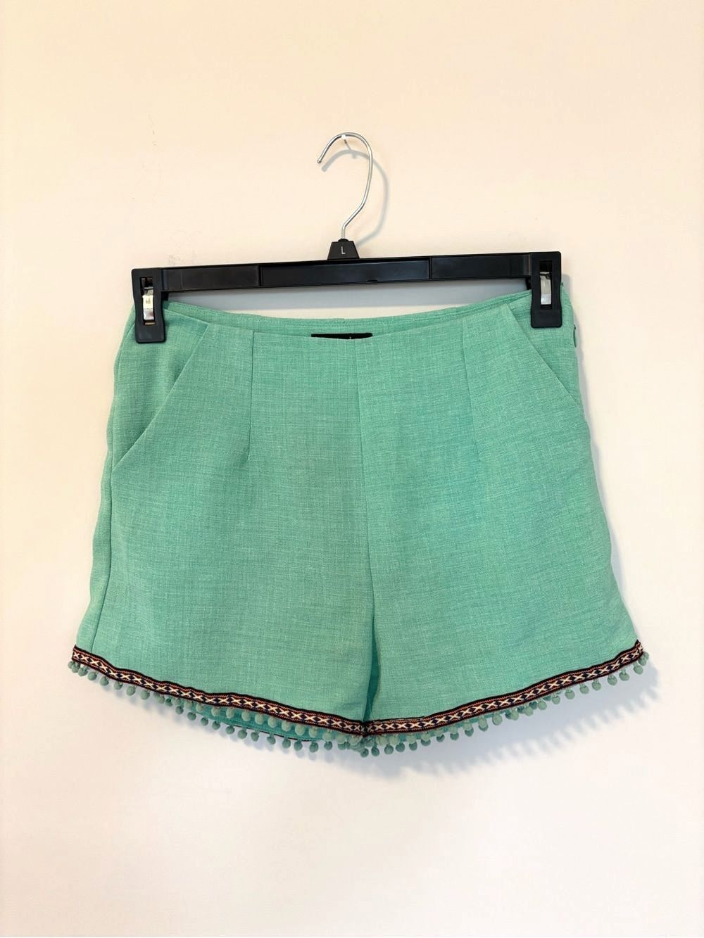 Very J Women's Tailored Chino Shorts Boho Teal Blue Green Pom Pom Accents Size M - Picture 3 of 6